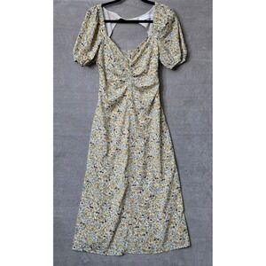 Floral Midi Dress Women Large Yellow Cottagecore Prairie Boho Ruched Milkmaid